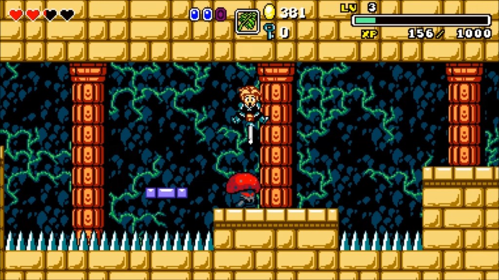 A character jumps in a retro-style platform game, surrounded by stone walls. Below, spikes and a red mushroom creature are visible, with a health bar and experience points displayed at the top.