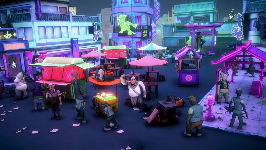 A vibrant animated street scene featuring market stalls with bright canopies, a variety of characters interacting, and neon signs adorning the buildings, set in a bustling urban environment.