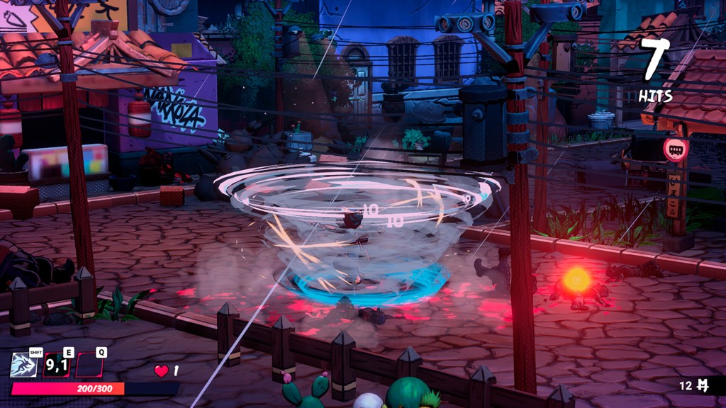 A vibrant animated scene showing a character creating a tornado in an urban setting. The tornado is swirling with blue and white effects, while the background includes graffiti-covered buildings and power lines. There are visual indicators showing hit counts and health status.