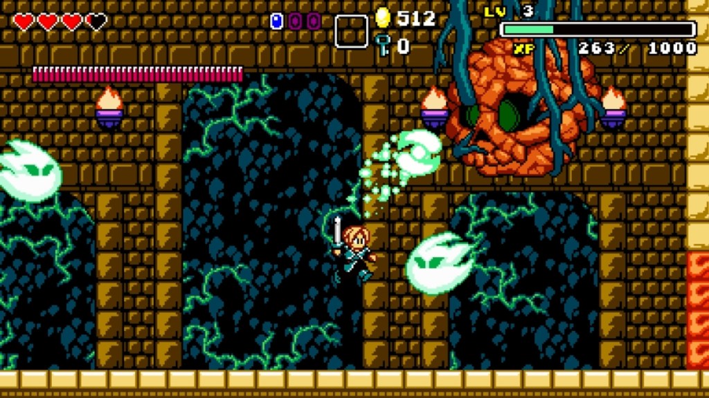 A pixel art game scene featuring a character wielding a sword and facing off against a large, menacing creature with green eyes. Energy projectiles are flying around, while torches emit light on the stone walls.
