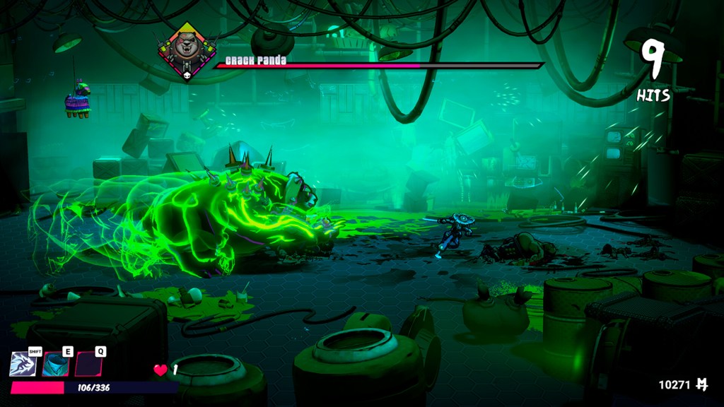 A character engaged in battle against a green, glowing enemy dubbed 'Grach Panda' in a stylised video game setting, with an industrial background filled with crates and scattered debris.