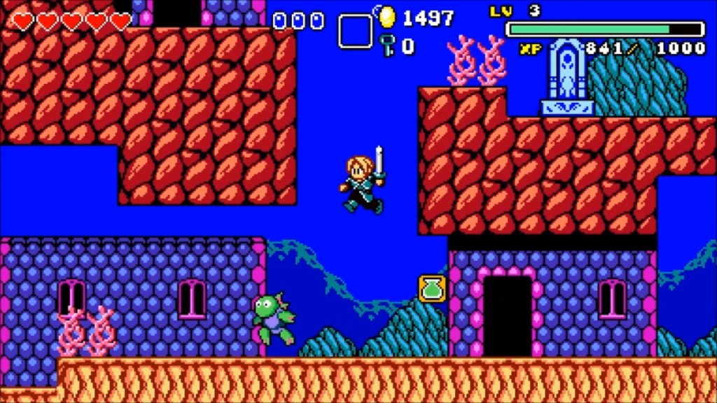 A character with a sword jumps through an underwater scene featuring colourful houses, coral, and a fish.