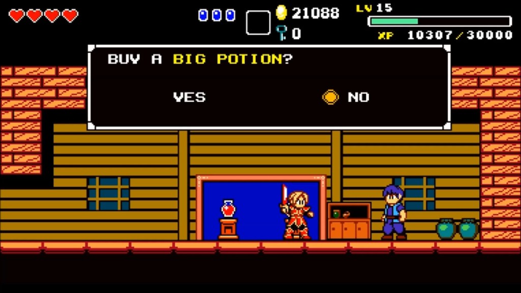 A retro-style video game scene showing a character with a sword asking if the player wants to buy a big potion, with options for 'YES' and 'NO' displayed on the screen.