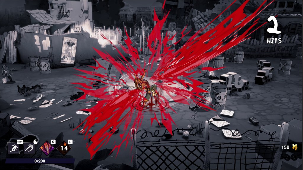 A vibrant scene from a video game depicting a character in an action pose, surrounded by a chaotic environment of scattered debris and barrels. A dramatic splash of red indicates a strike, with a scoreboard showing two hits.